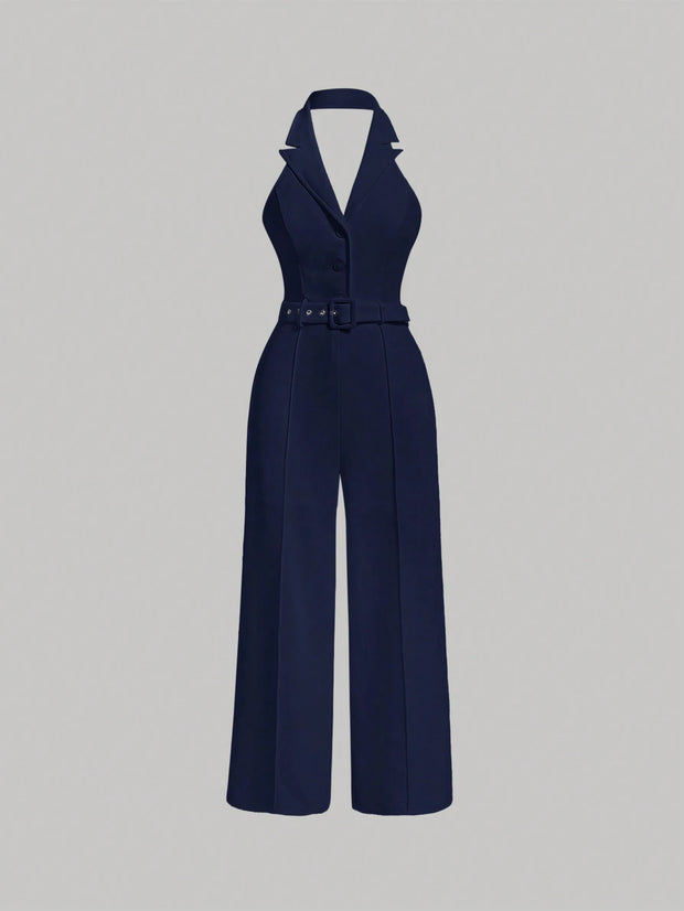 SHEIN MOD Lapel Neck Belted Halter Jumpsuit