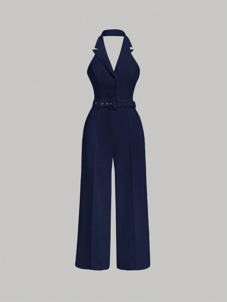 SHEIN MOD Lapel Neck Belted Halter Jumpsuit