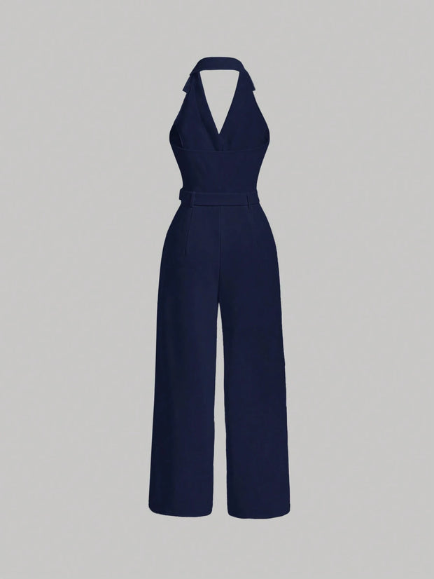 SHEIN MOD Lapel Neck Belted Halter Jumpsuit