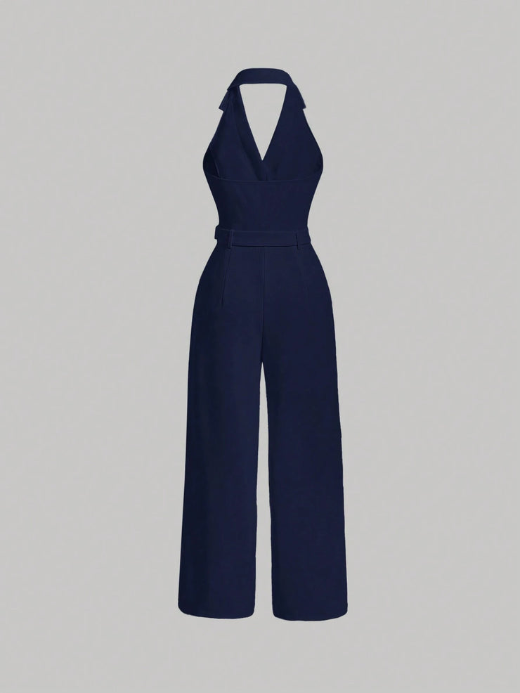 SHEIN MOD Lapel Neck Belted Halter Jumpsuit