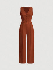SHEIN MOD Ladies' Single-Breasted Vest And Trousers Set Khaki Color