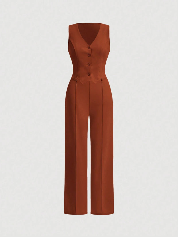 SHEIN MOD Ladies' Single-Breasted Vest And Trousers Set Khaki Color