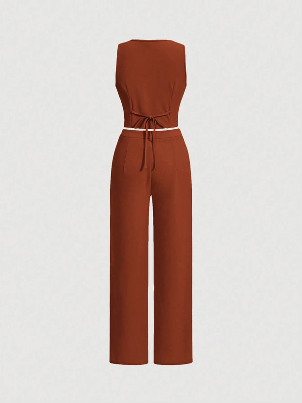 SHEIN MOD Ladies' Single-Breasted Vest And Trousers Set Khaki Color