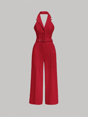 SHEIN MOD Lapel Neck Belted Halter Jumpsuit