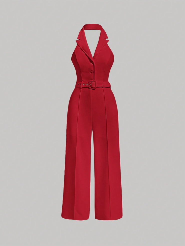 SHEIN MOD Lapel Neck Belted Halter Jumpsuit