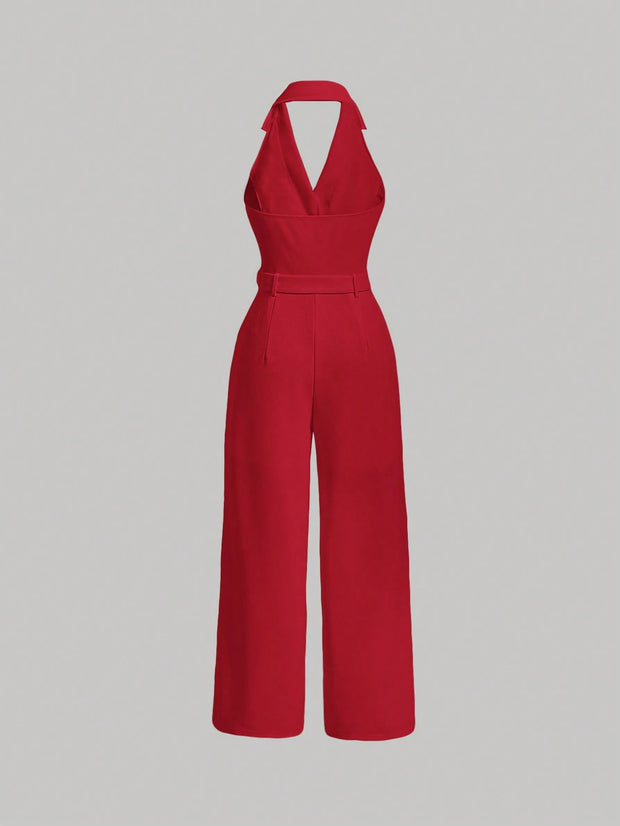 SHEIN MOD Lapel Neck Belted Halter Jumpsuit