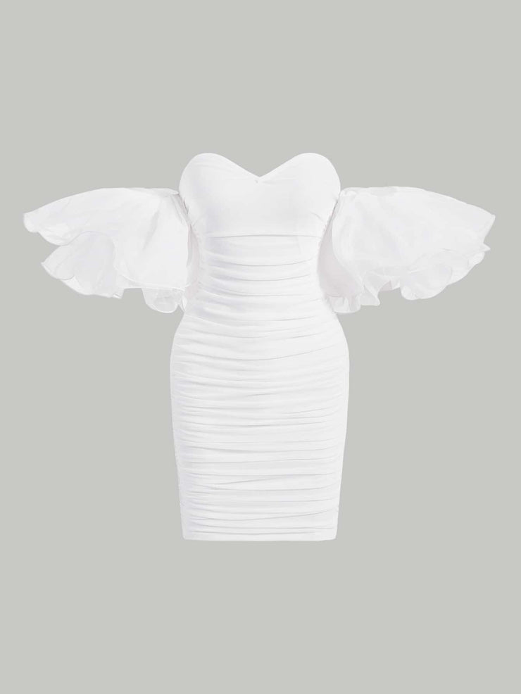 SHEIN MOD Off Shoulder Ruffle Trim Ruched Mesh Bodycon Tight Pleated Short Dress