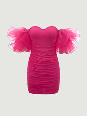 SHEIN MOD Off Shoulder Ruffle Trim Ruched Mesh Bodycon Tight Pleated Short Dress