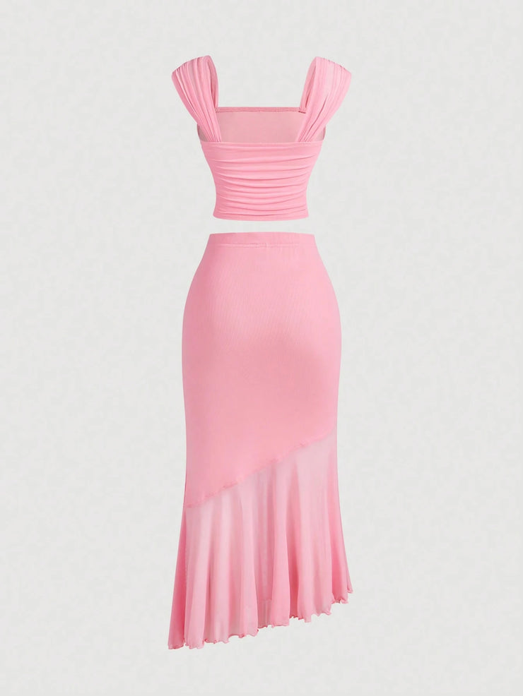 SHEIN MOD Ruched Asymmetrical Hem Vintage Romantic Women's 2pcs Set