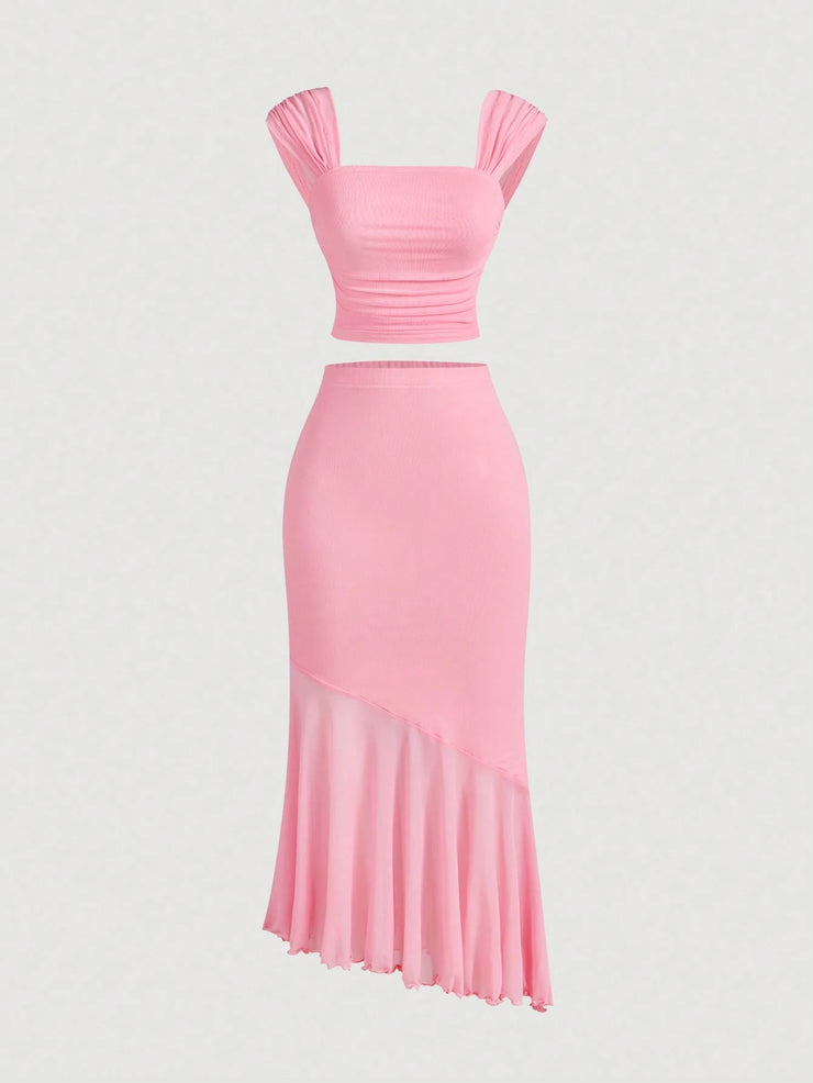 SHEIN MOD Ruched Asymmetrical Hem Vintage Romantic Women's 2pcs Set