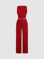 SHEIN MOD Ladies' Single-Breasted Vest And Trousers Set Khaki Color