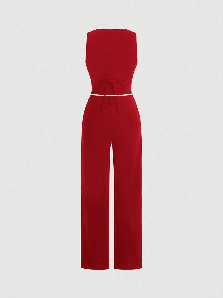 SHEIN MOD Ladies' Single-Breasted Vest And Trousers Set Khaki Color