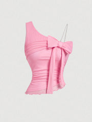 SHEIN MOD Shoulder Strap Bow Beaded Strap, Ruched Waist, Asymmetrical Hem Pink Blouse