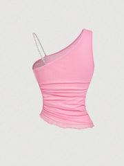 SHEIN MOD Shoulder Strap Bow Beaded Strap, Ruched Waist, Asymmetrical Hem Pink Blouse