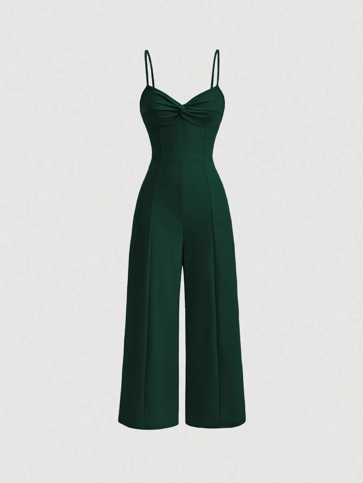 SHEIN MOD Twist Front Wide Leg Sweetheart Collar Jumpsuit