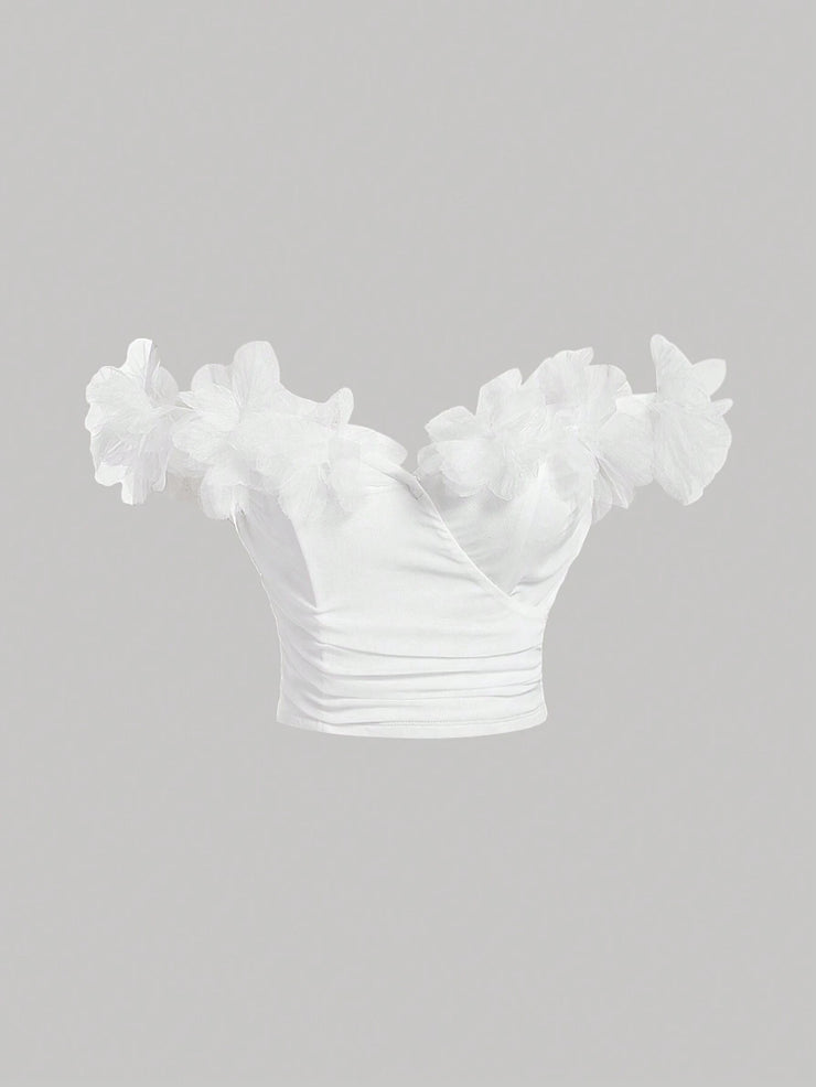 SHEIN MOD Solid Color Off-Shoulder Top With 3d Flower Wrap Detail
