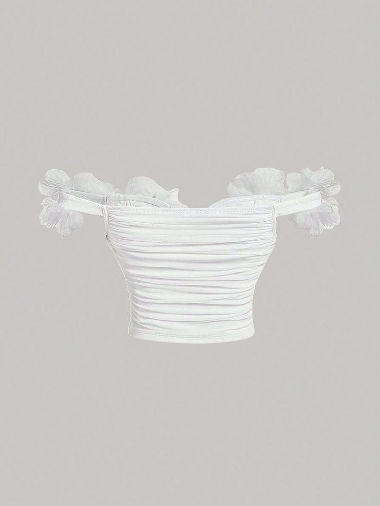 SHEIN MOD Solid Color Off-Shoulder Top With 3d Flower Wrap Detail