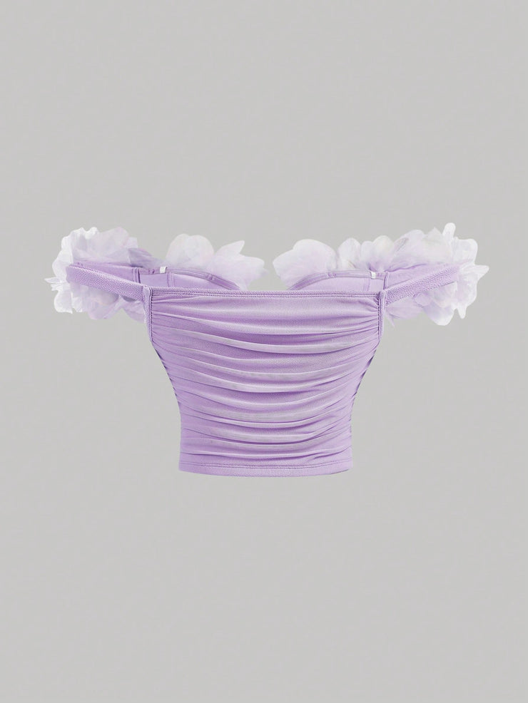 SHEIN MOD Solid Color Off-Shoulder Top With 3d Flower Wrap Detail