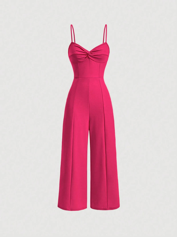SHEIN MOD Twist Front Wide Leg Sweetheart Collar Jumpsuit