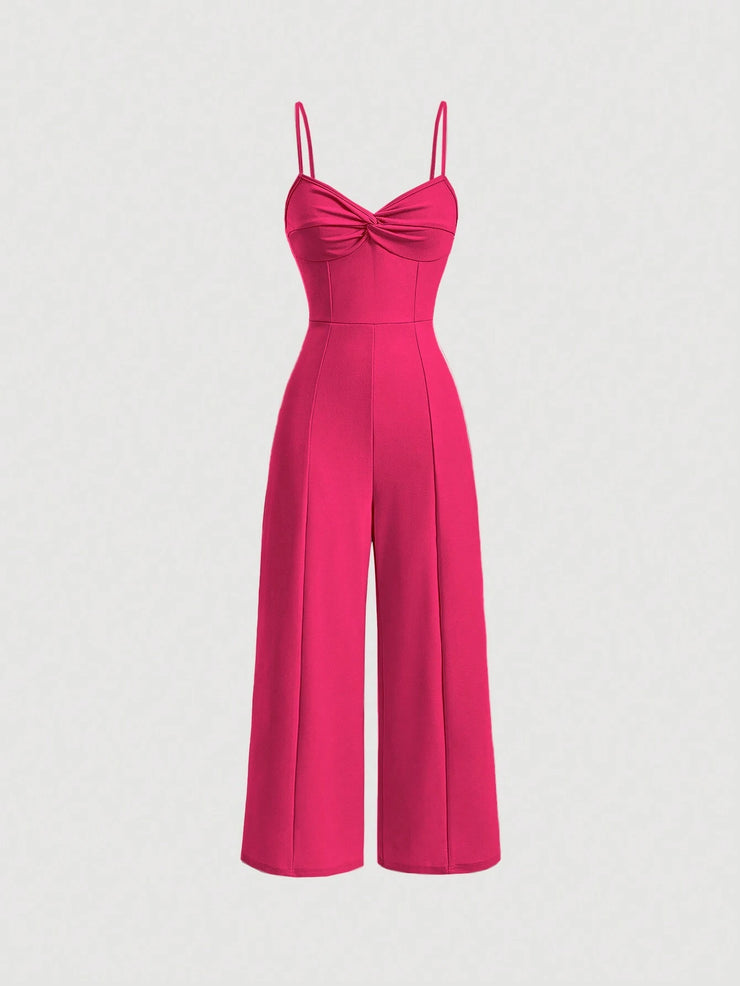 SHEIN MOD Twist Front Wide Leg Sweetheart Collar Jumpsuit