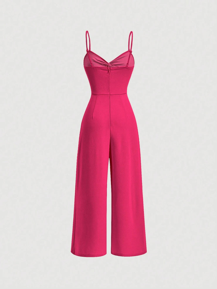 SHEIN MOD Twist Front Wide Leg Sweetheart Collar Jumpsuit