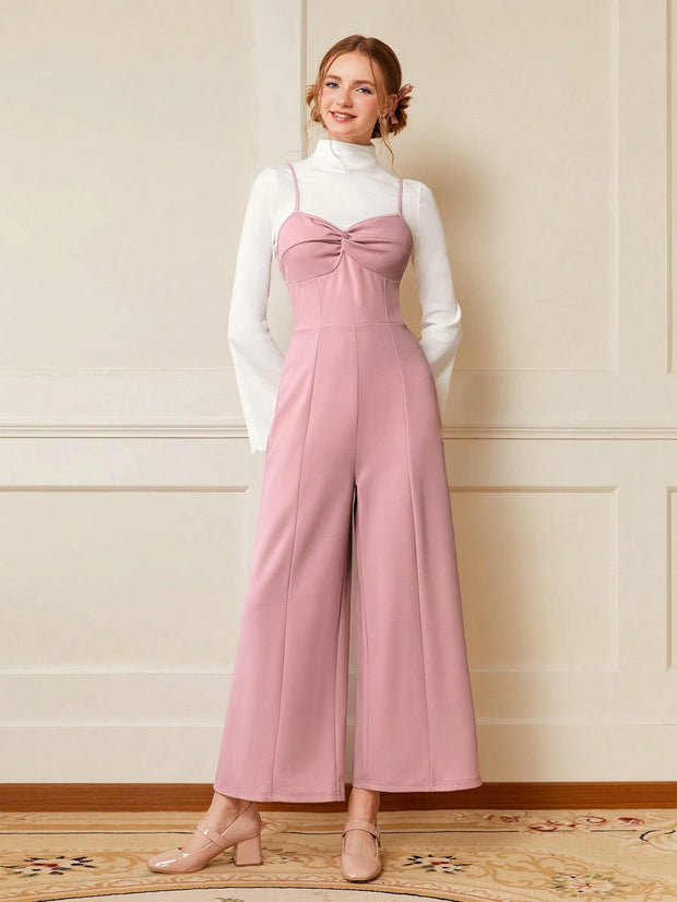 SHEIN MOD Twist Front Wide Leg Sweetheart Collar Jumpsuit