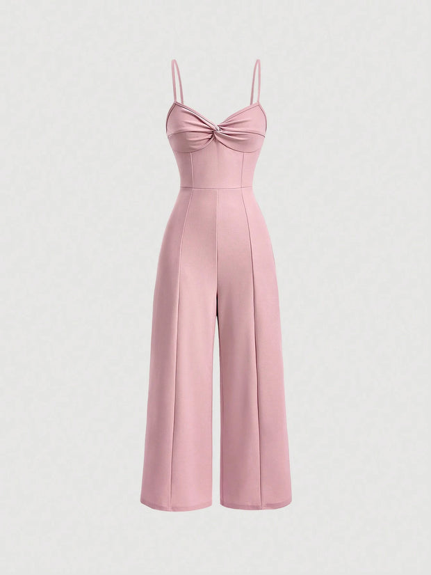 SHEIN MOD Twist Front Wide Leg Sweetheart Collar Jumpsuit