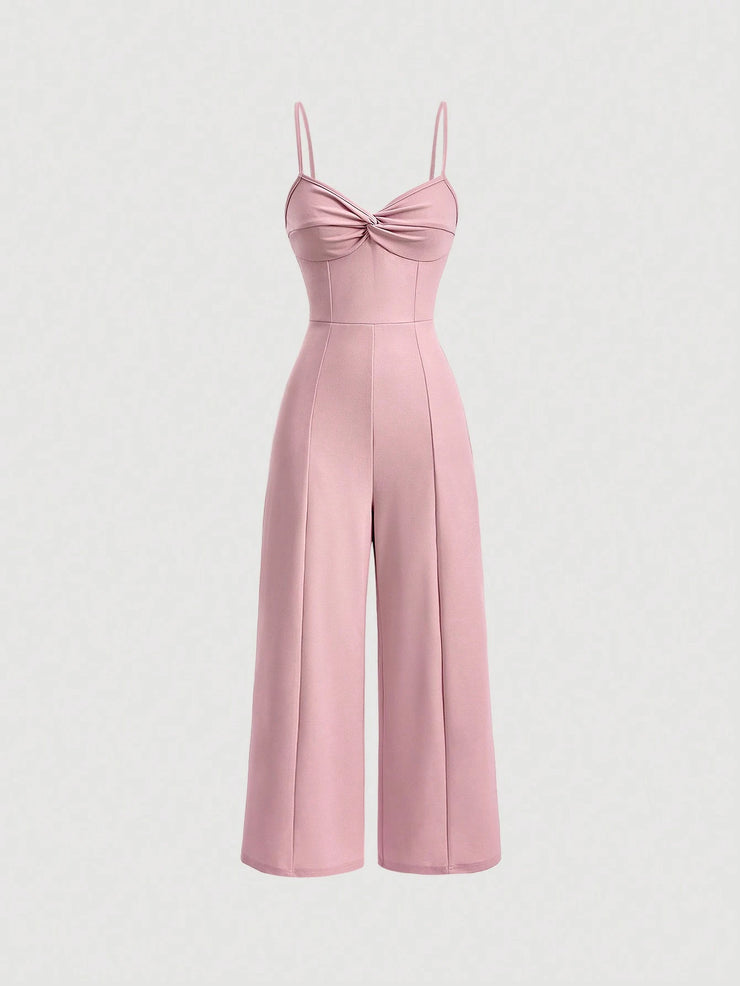 SHEIN MOD Twist Front Wide Leg Sweetheart Collar Jumpsuit