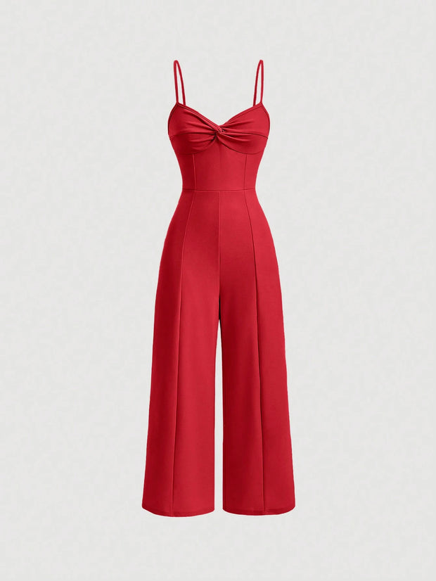 SHEIN MOD Twist Front Wide Leg Sweetheart Collar Jumpsuit