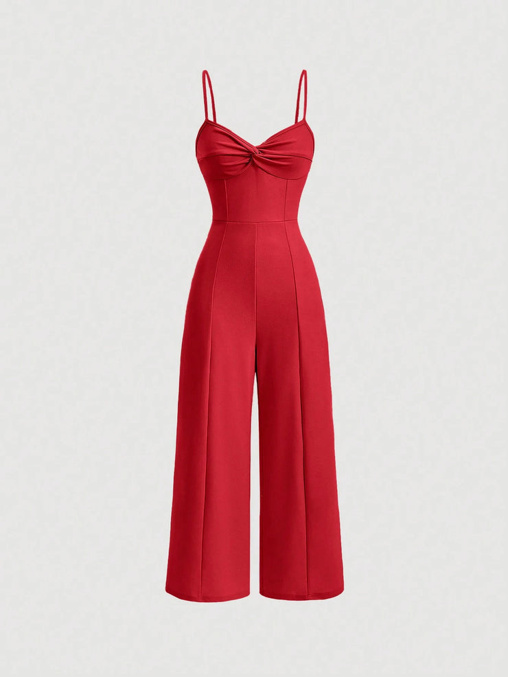 SHEIN MOD Twist Front Wide Leg Sweetheart Collar Jumpsuit