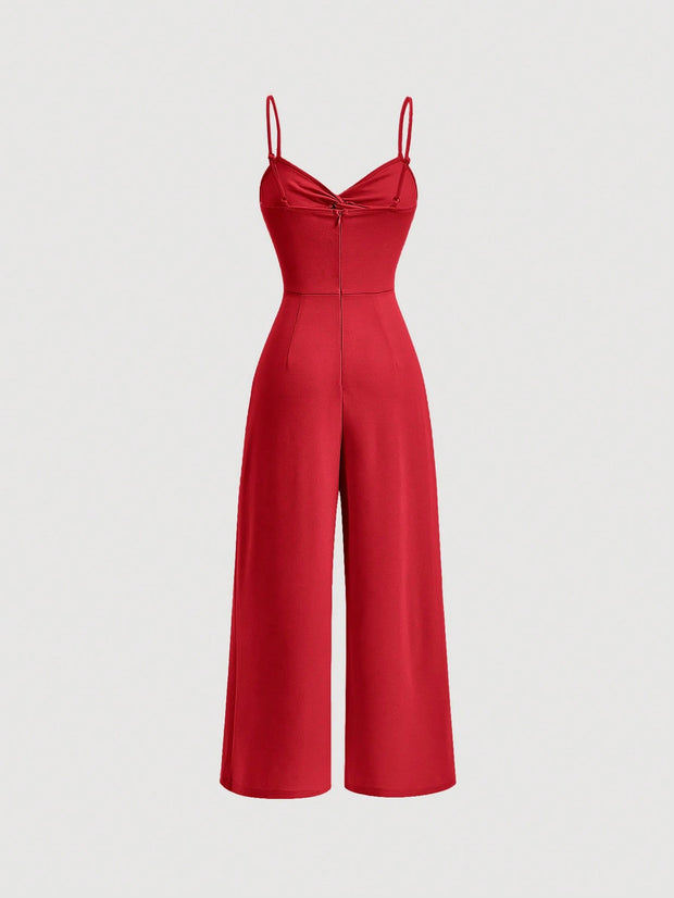 SHEIN MOD Twist Front Wide Leg Sweetheart Collar Jumpsuit