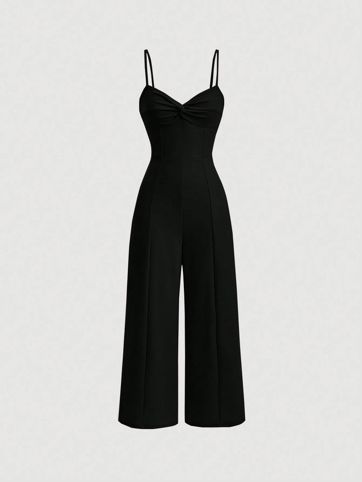 SHEIN MOD Twist Front Wide Leg Sweetheart Collar Jumpsuit