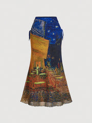 SHEIN MOD Van Gogh Oil Painting Vintage Fish Tail Design Knitted Skirt For Women