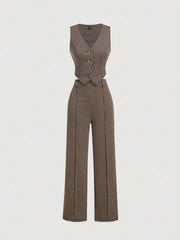 SHEIN MOD Vintage Academia Plaid Pattern Lady Vest Jacket And Straight Leg Design Pants Set