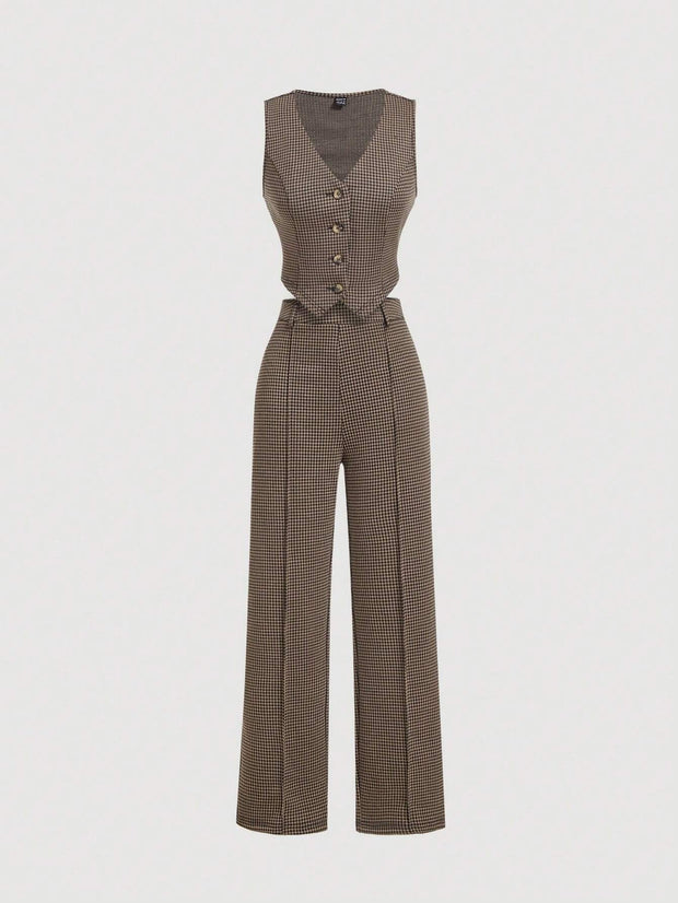 SHEIN MOD Vintage Academia Plaid Pattern Lady Vest Jacket And Straight Leg Design Pants Set