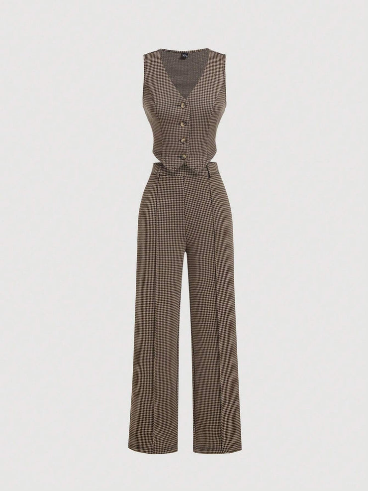 SHEIN MOD Vintage Academia Plaid Pattern Lady Vest Jacket And Straight Leg Design Pants Set