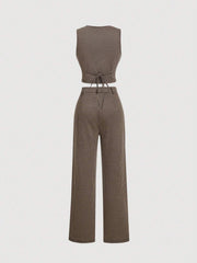 SHEIN MOD Vintage Academia Plaid Pattern Lady Vest Jacket And Straight Leg Design Pants Set