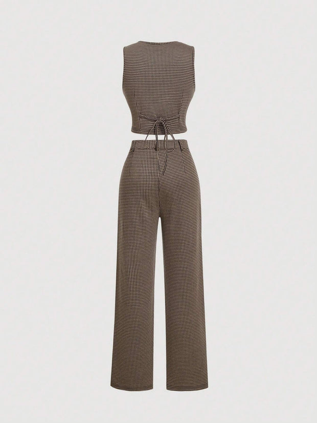 SHEIN MOD Vintage Academia Plaid Pattern Lady Vest Jacket And Straight Leg Design Pants Set