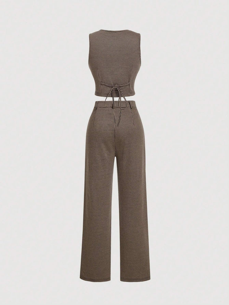 SHEIN MOD Vintage Academia Plaid Pattern Lady Vest Jacket And Straight Leg Design Pants Set