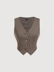 SHEIN MOD Vintage Academia Plaid Pattern Lady Vest Jacket And Straight Leg Design Pants Set