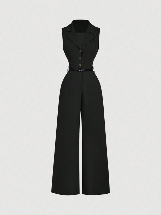 SHEIN MOD Vintage Brown Jumpsuit With Suit Collar And Belt, Elegant Jumpsuit