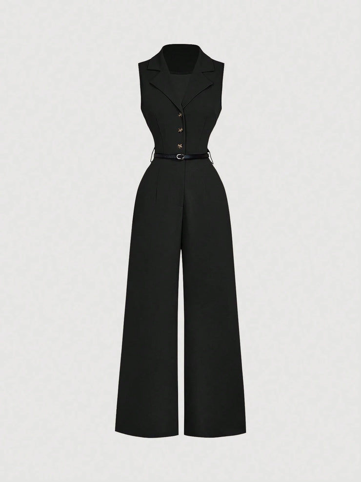 SHEIN MOD Vintage Brown Jumpsuit With Suit Collar And Belt, Elegant Jumpsuit