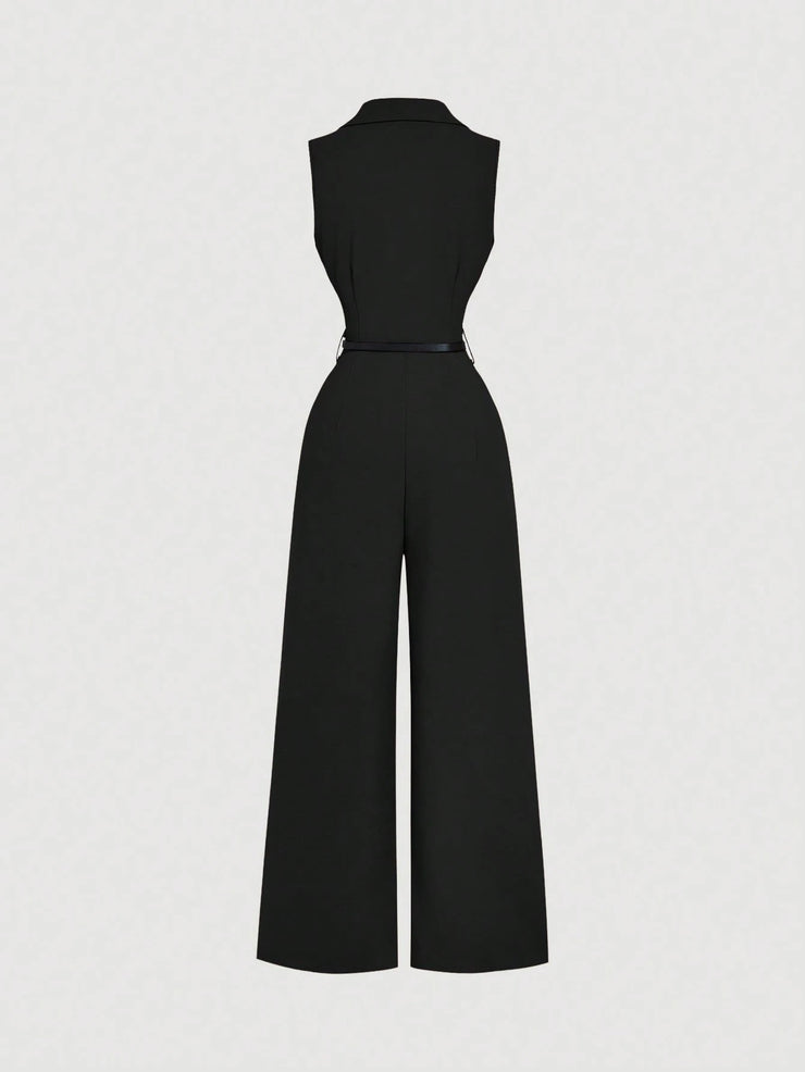 SHEIN MOD Vintage Brown Jumpsuit With Suit Collar And Belt, Elegant Jumpsuit