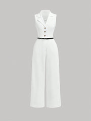 SHEIN MOD Vintage Brown Jumpsuit With Suit Collar And Belt, Elegant Jumpsuit