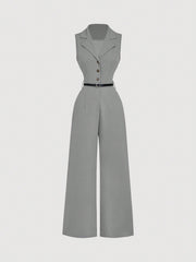 SHEIN MOD Vintage Brown Jumpsuit With Suit Collar And Belt, Elegant Jumpsuit