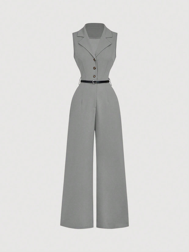 SHEIN MOD Vintage Brown Jumpsuit With Suit Collar And Belt, Elegant Jumpsuit