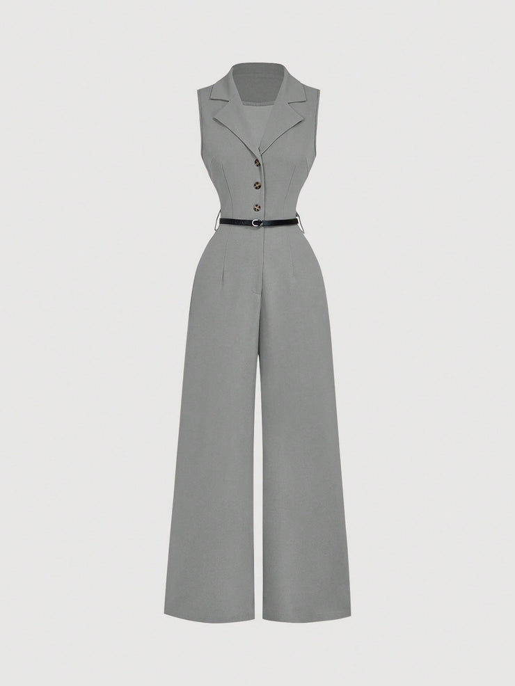 SHEIN MOD Vintage Brown Jumpsuit With Suit Collar And Belt, Elegant Jumpsuit