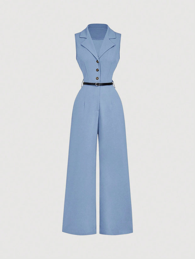 SHEIN MOD Vintage Brown Jumpsuit With Suit Collar And Belt, Elegant Jumpsuit