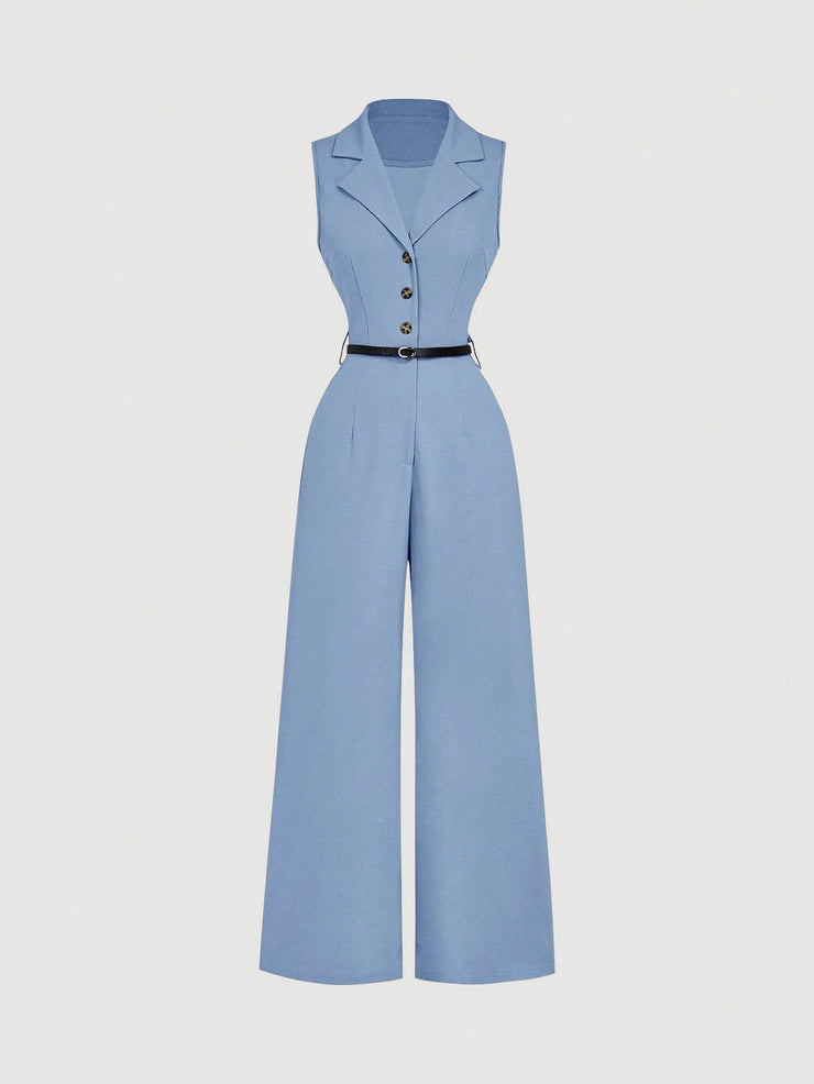 SHEIN MOD Vintage Brown Jumpsuit With Suit Collar And Belt, Elegant Jumpsuit