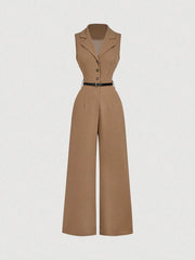 SHEIN MOD Vintage Brown Jumpsuit With Suit Collar And Belt, Elegant Jumpsuit